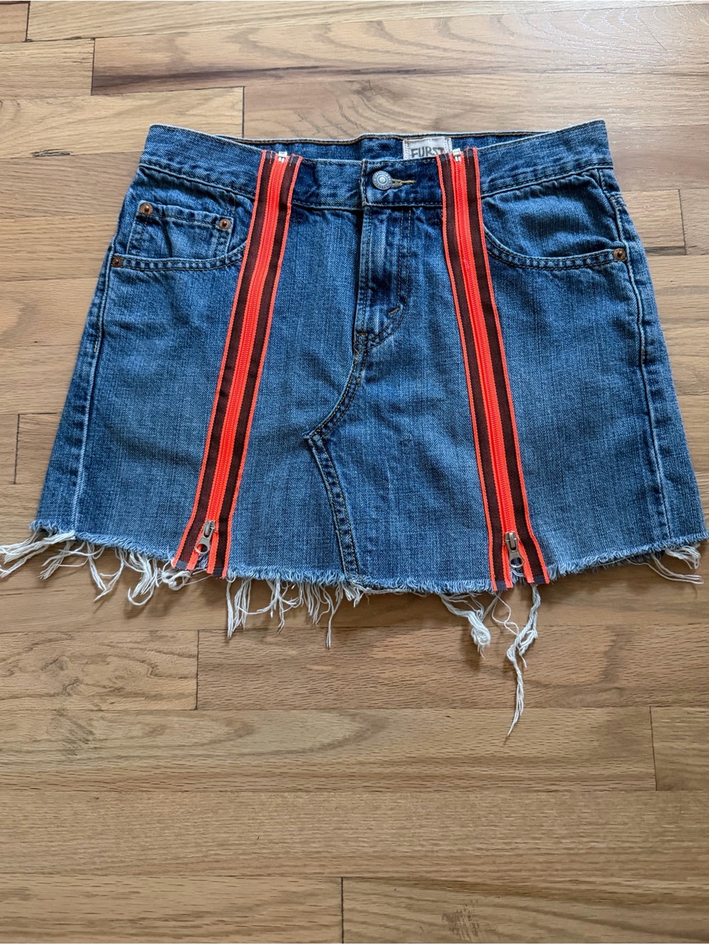 FURST OF A KIND Reworked Denim Zipper Mini Skirt Y2K Upcycled Distressed